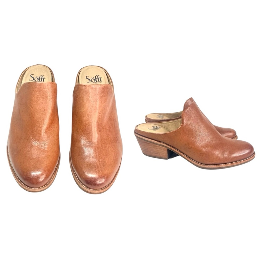 Sofft Women's Ameera Cafe Brown Leather Stacked Heel Slip-on Size 9.5 Mules EUC!